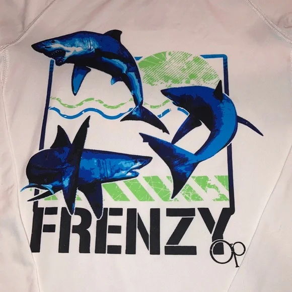Long Sleeve Protective Sun Surf Shirt White Rash Guard Blue Shark Print OP 10 12 - Picture 3 of 6